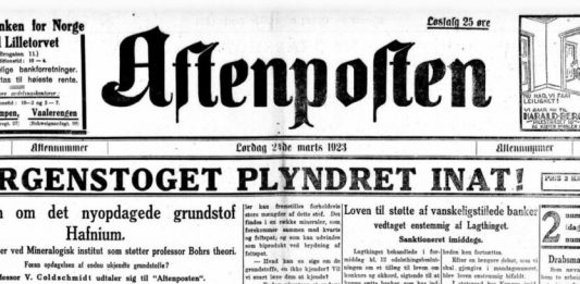 Aftenposten-framside med tittelen "Bergenstoget plyndret inat!"