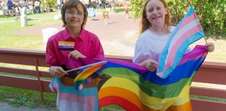 To jenter står med trans og regnbogeflagg.